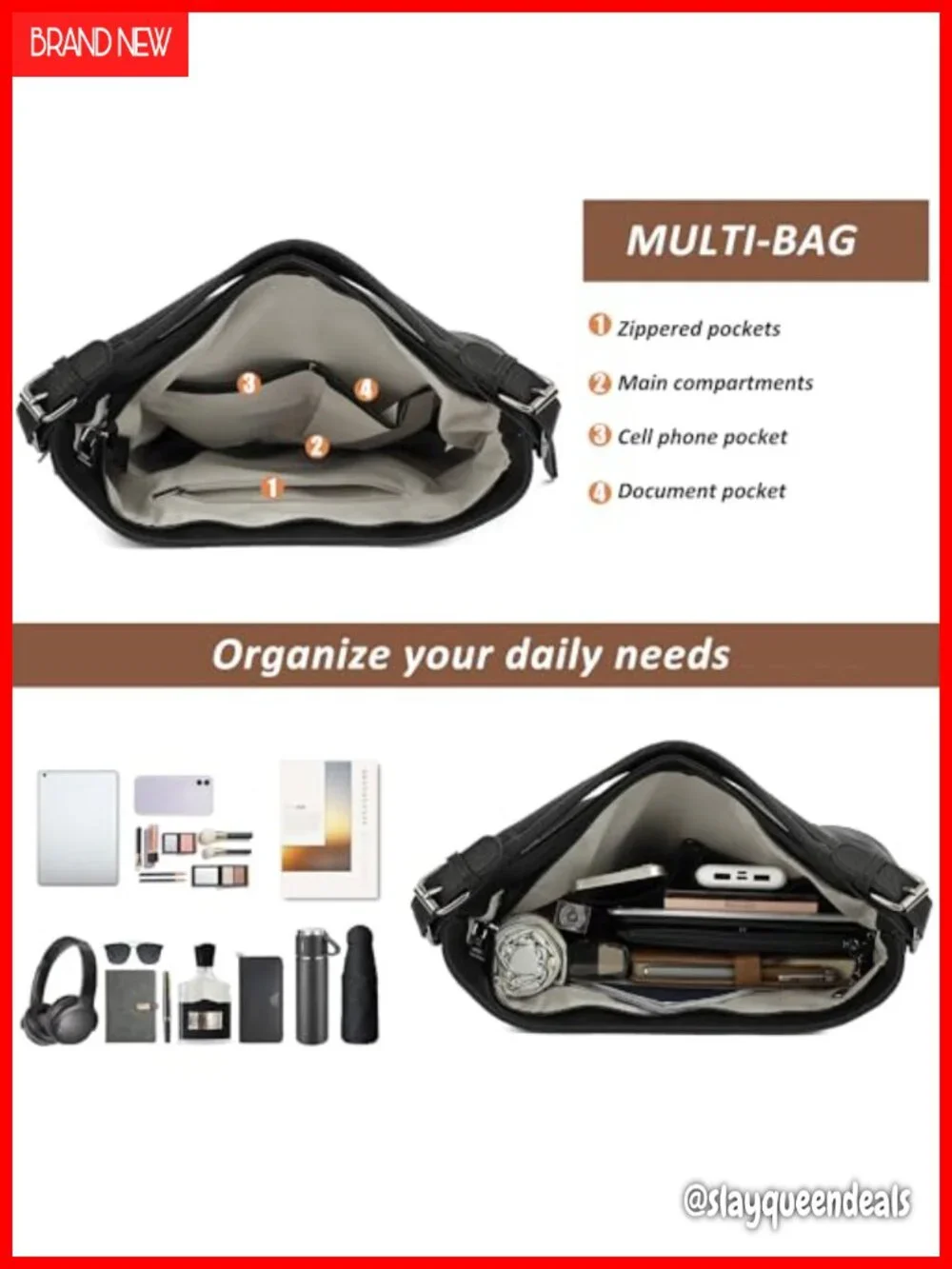 Semi-PU Leather Hobo Shoulder Bag Crossbody Purse Large Multi-Pocket